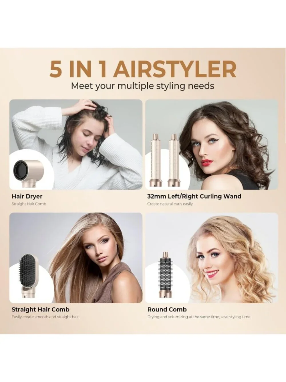 5-in-1 Hair Dryer Brush Set - Ionic Blow Dryer, Curler, Volumizer & Straightener